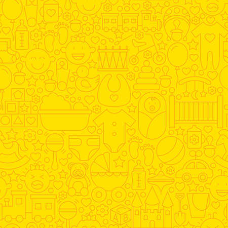 Thin Yellow Baby Newborn Line Seamless Pattern. Vector Website Design and Seamless Background in Trendy Modern Outline Style. Baby Shower and Newborn.のイラスト素材