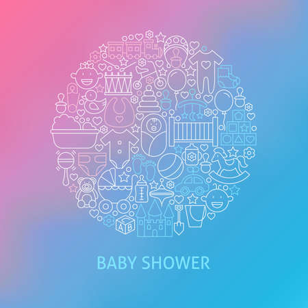 Thin Line Baby Shower Icons Set Circle Concept. Vector Illustration of Newborn Child and Toys Outline Objects over Blue and Pink Blurred Background.のイラスト素材