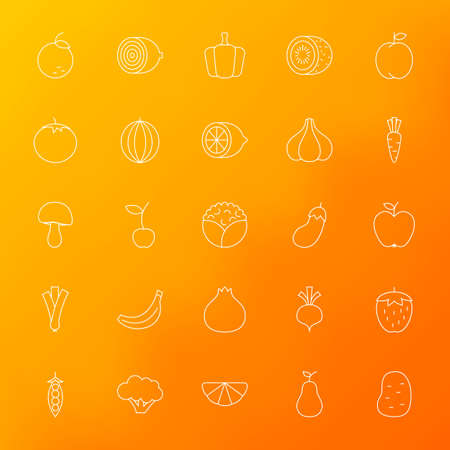 Fruit and Vegetable Line Icons Set over Blurred Background. Vector Set of Modern Thin Outline Healthy Eating Items.のイラスト素材