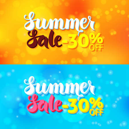 Summer Sale Web Banners over Abstract Blurred Background. Vector Illustration of Website Templates for Shop Commercial Promotion.のイラスト素材