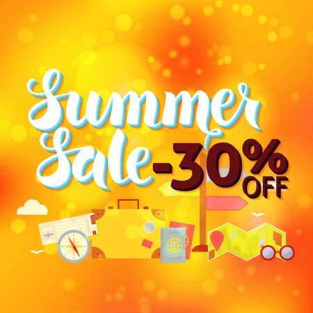 Summer Sale 30 Off Lettering over Orange Blurred Background. Vector Illustration of Travel Vacation Calligraphy Text.のイラスト素材