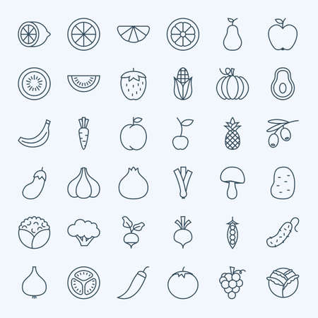 Line Fruit Vegetable Icons Set. Vector Set of Modern Thin Outline Fresh Organic Vegan Food Items.のイラスト素材