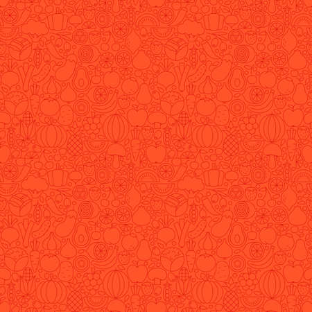 Thin Line Red Healthy Eating Vegan Seamless Pattern. Vector Website Design and Tile Background in Trendy Modern Outline Style. Fresh Healthy Fruits and Vegetables Food.のイラスト素材