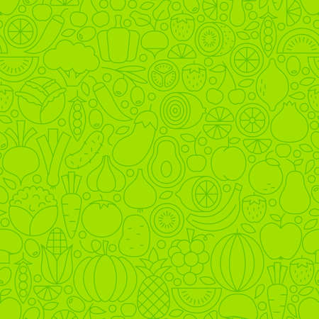 Thin Line Green Eat Healthy Vegetarian Seamless Pattern. Vector Website Design and Tile Background in Trendy Modern Outline Style. Fresh Fruit and Vegetable Vegan Food.のイラスト素材