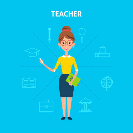 Teacher Woman. Flat Style Vector Illustration of People Character with Outline Icons. Back to School Education Concept.のイラスト素材