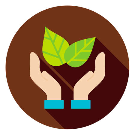 Hands Save the Planet Leaves Circle Icon. Flat Design Vector Illustration with Long Shadow. Nature Environment Symbol.のイラスト素材