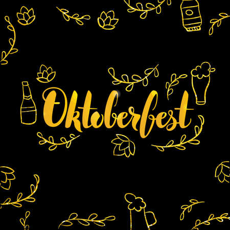 Oktoberfest Gold and Black Design. Vector Illustration of Beer Festival Calligraphy with Golden Decoration.のイラスト素材