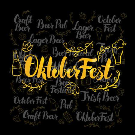 Oktoberfest Gold Lettering over Black Design. Vector Illustration of Beer Holiday Calligraphy with Decoration.のイラスト素材