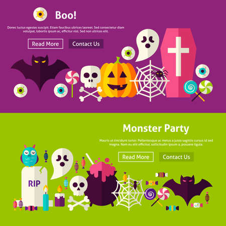 Scary Monster Party Website Banners. Vector Illustration for Web Header. Halloween Boo Modern Flat Design.のイラスト素材