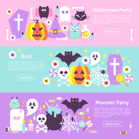 Trendy Halloween Web Horizontal Banners. Flat Style Vector Illustration for Website Header. Trick or Treat Objects.のイラスト素材