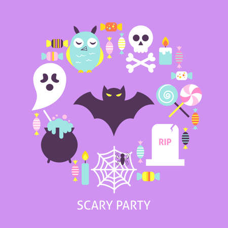 Scary Party Trendy Poster. Poster Design Vector Illustration. Set of Trick or Treat Objects.のイラスト素材