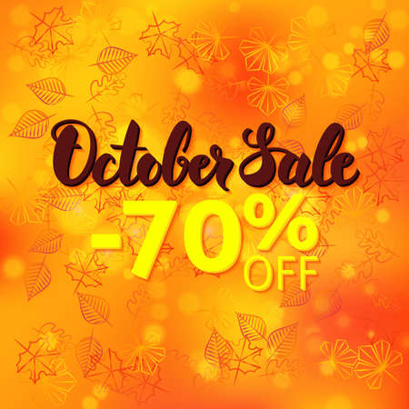 October Sale Promotion. Fall 70 Discount Illustration. Autumn Leaves over Seasonal Poster with Modern Lettering.の写真素材