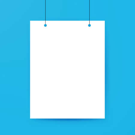 Blank Poster Template. Vector Illustration of Paper Sheet for Presentation Hanging on a Thread.のイラスト素材