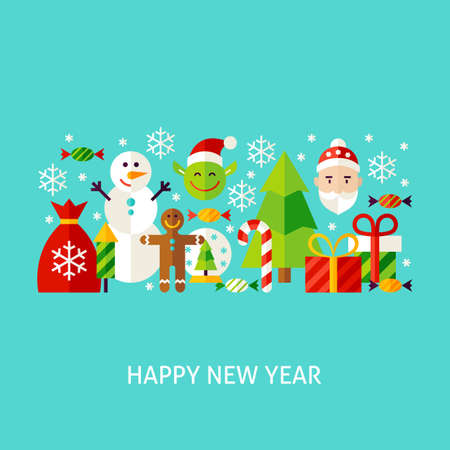 Happy New Year Greeting Concept. Poster Design Vector Illustration. Set of Winter Objects.のイラスト素材