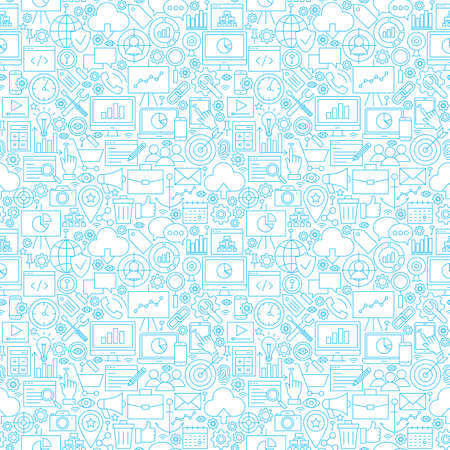 Line Web Development White Seamless Pattern. Vector Illustration of Outline Tile Background. Business and SEO.のイラスト素材