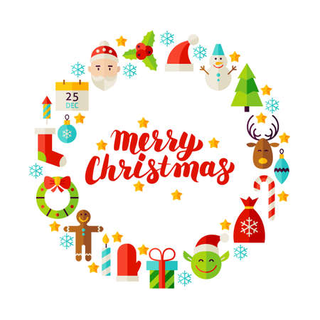 Merry Christmas Flat Circle. Collection of Winter Happy New Year Holiday Items Isolated over white.のイラスト素材