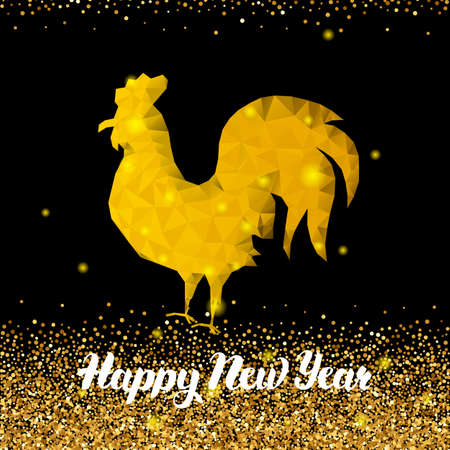 Chinese New Year Polygonal Rooster. Vector Illustration of Winter Holiday Zodiac with Handwritten Lettering.のイラスト素材