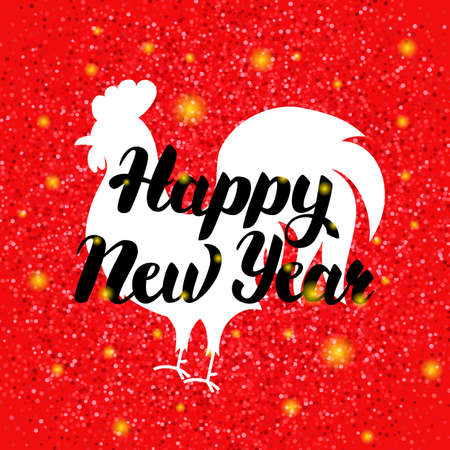 Chinese Red Rooster New Year. Vector Illustration of Winter Holiday Symbol with Handwritten Lettering.のイラスト素材