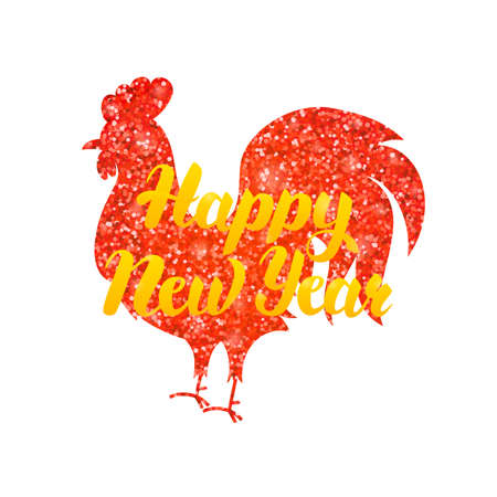 Red Rooster Chinese New Year. Vector Illustration of Winter Holiday Zodiac with Gold Lettering.のイラスト素材