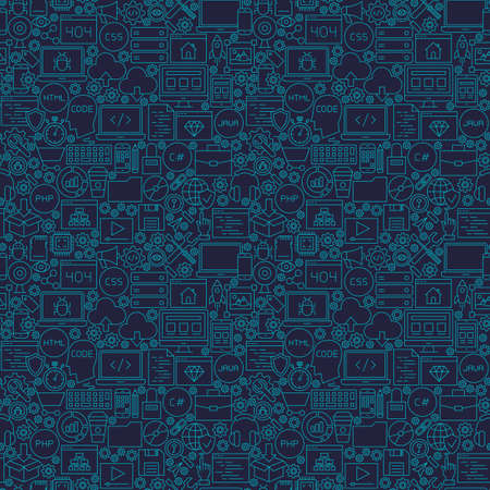 Blue Line Coding Seamless Pattern. Illustration of Outline Tile Background. Programming Skills.のイラスト素材