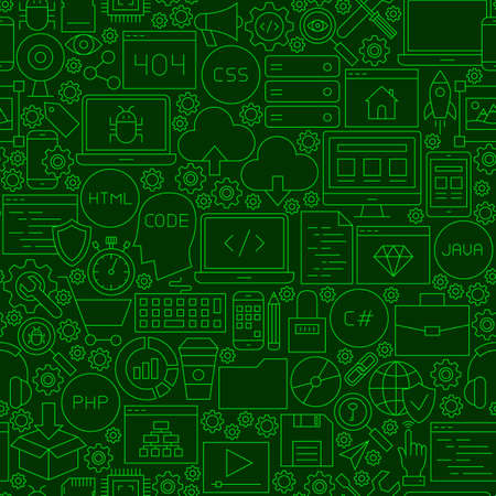 Coding Green Line Seamless Pattern. Illustration of Outline Tile Background. Programming Skills.のイラスト素材