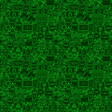 Green Line Coding Seamless Pattern. Illustration of Outline Tile Background. Programming Skills.のイラスト素材