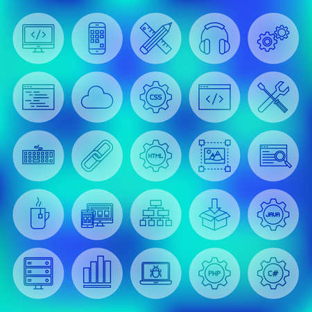 Line Circle Web Programming Icons. Illustration of Outline Coding Symbols over Blurred Background.のイラスト素材