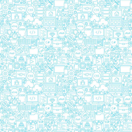 Line Coding White Seamless Pattern. Illustration of Outline Tile Background. Programming Skills.のイラスト素材