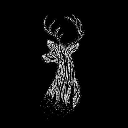 Tree Reindeer over Black. Raster Illustration of Boho Style T-shirt Design. Hand Drawn Dotwork Sketch. Deer with Antlers.の写真素材