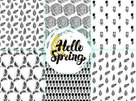 Nature Spring Seamless Patterns. Vector Illustration of Flowers and Plants Tile Background.のイラスト素材