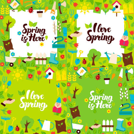 Spring Garden Lettering Posters. Four Vector Illustration Flat Style Nature Postcards with Lettering.のイラスト素材