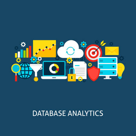 Database Analytics Flat Concept. Poster Design Vector Illustration. Set of Big Data Colorful...