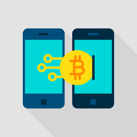 Mobile Transaction Flat Icon. Vector Illustration with Long Shadow. Bitcoin Cryptocurrency Technology.のイラスト素材