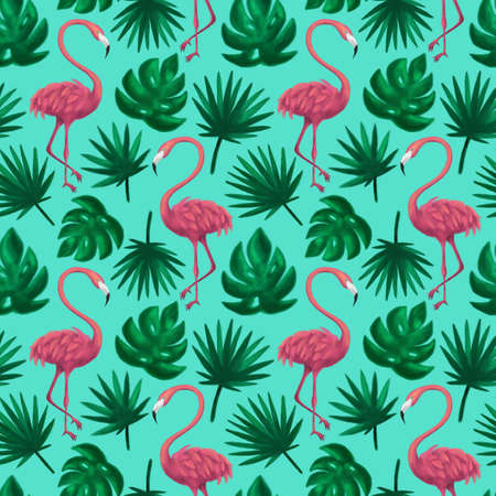 Flamingos Tropical Leaf Seamless Patternの写真素材