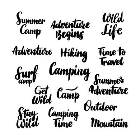 Camping Hand Drawn Lettering. Vector Illustration of Adventure Calligraphy over White.のイラスト素材