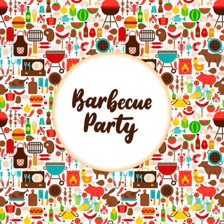 Flat Barbecue Party Greeting. Vector Illustration BBQ Grill Poster with Handwritten Lettering.のイラスト素材