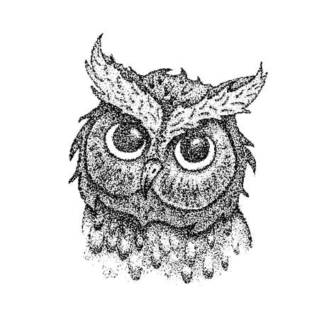 Dotwork Owl Head. Vector Illustration of T-shirt Design. Tattoo Hand Drawn Sketch.のイラスト素材