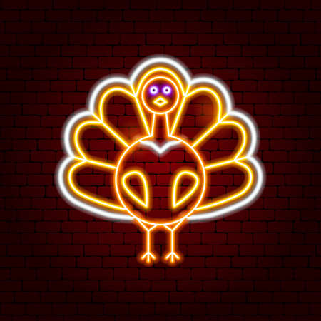 Turkey Bird Neon Sign. Vector Illustration of Fall Holiday Promotion.のイラスト素材