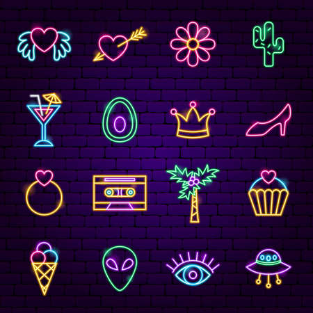 Trendy Girl Neon Icons. Vector Illustration of Fashion Symbols.のイラスト素材