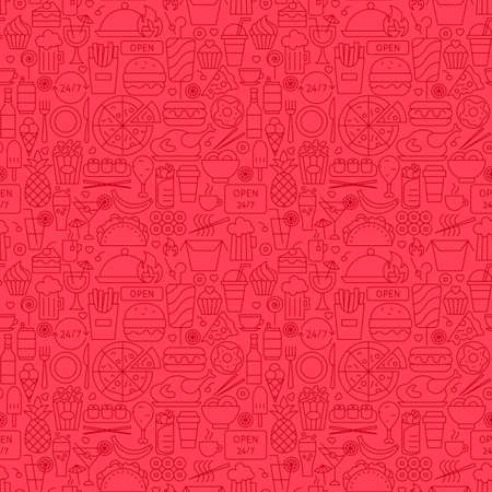 Fast Food Menu Line Seamless Pattern. Vector Illustration of Outline Tileable Background.のイラスト素材