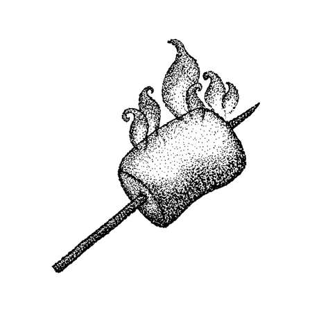 Dotwork Marshmallow with Fire. Vector Illustration of T-shirt Design. Tattoo Hand Drawn Sketch.のイラスト素材