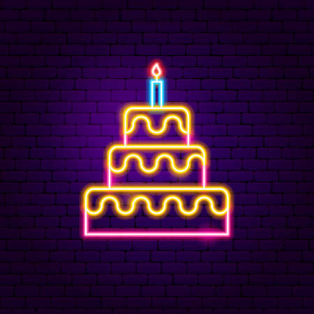 Birthday Cake Neon Sign. Vector Illustration of Celebration Promotion.のイラスト素材