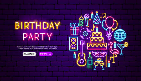 Birthday Party Neon Banner Design. Vector Illustration of Celebration Promotion.のイラスト素材