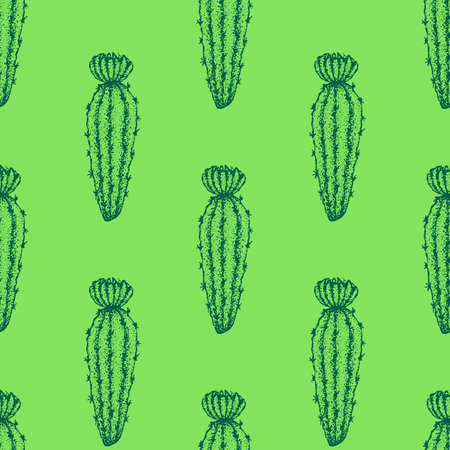 Green Flower Cactus Seamless Pattern. Vector Illustration of Tattoo Hand Drawn Sketch.のイラスト素材