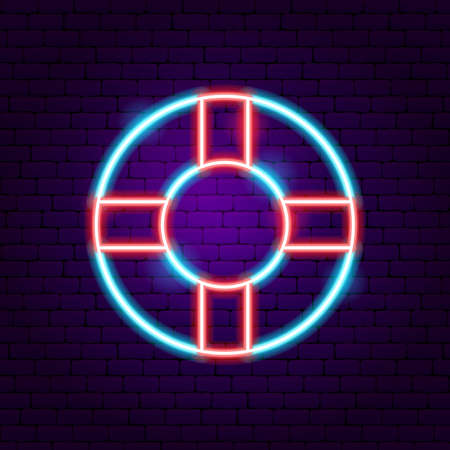 Lifebuoy Neon Label. Vector Illustration of Sea Vacation Promotion.のイラスト素材
