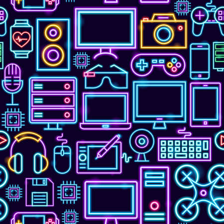 Computer Technology Neon Seamless Pattern. Vector Illustration of Electronics Promotion.のイラスト素材