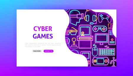 Cyber Games Neon Landing Page. Vector Illustration of Computer Promotion.のイラスト素材