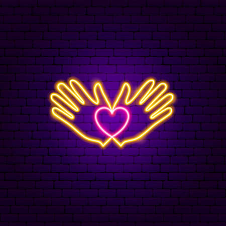 Heart Hands Donation Neon Sign. Vector Illustration of Meditation Promotion.のイラスト素材