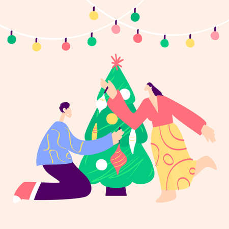 Couple Christmas Tree Decoratingのイラスト素材