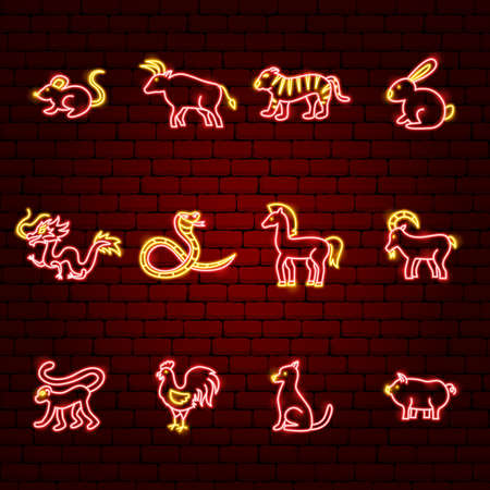 Chinese Zodiac Neon Iconsのイラスト素材